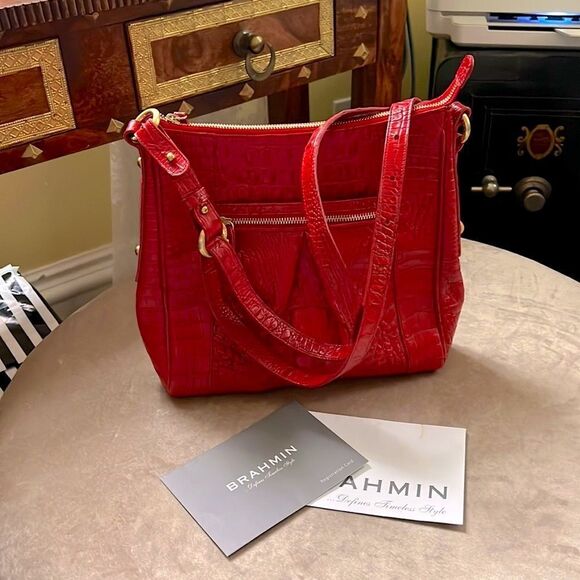 *Brahmin* Red Croc Gold Hardware Handbag EUC W/Reg Cards